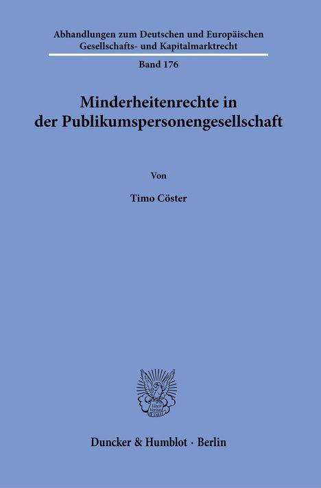 Timo Cöster: Minderheitenrechte in der Publikumspersonengesellschaft., Buch