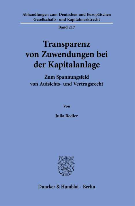 Julia Redler: Transparenz von Zuwendungen bei der Kapitalanlage, Buch