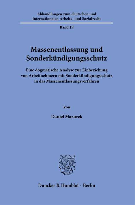 Daniel Mazurek: Massenentlassung und Sonderkündigungsschutz., Buch