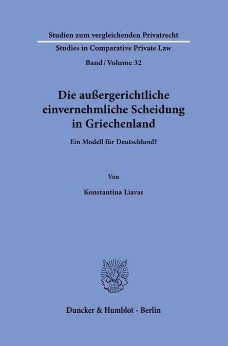 "Die außergerichtliche einvernehmliche Scheidung in Griechenland" in Schwarz auf Blau, darunter ein Logo.