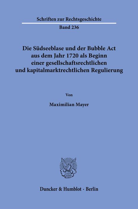Auf blauem Hintergrund steht: "Die Südseeblase und der Bubble Act". Unten ist ein Logo eines Vogels mit Strahlen.