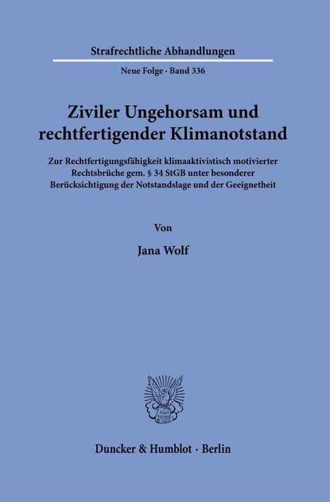 "Ziviler Ungehorsam und rechtfertigender Klimanotstand." Ein blaues Buchcover mit schwarzem Text, darunter ein Logo.
