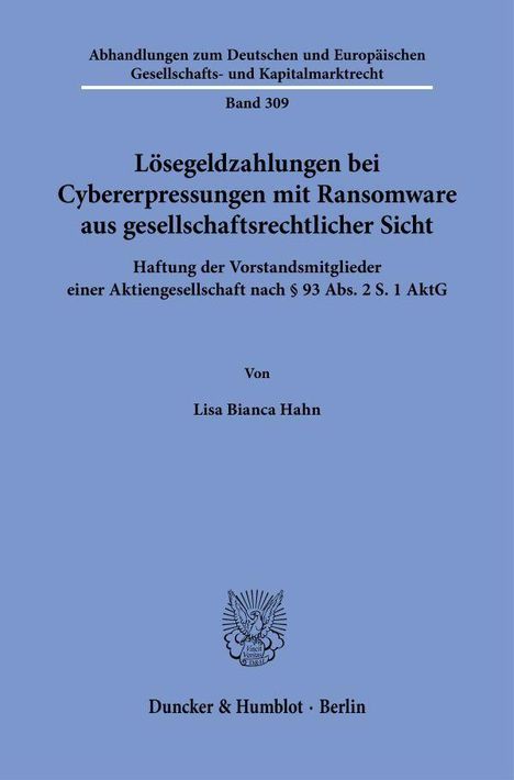 Blaues Buchcover: Titel über Ransomware, Autorin Lisa Bianca Hahn, Verlag Duncker & Humblot, Berlin. Oben und unten Texte.