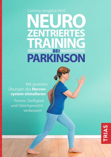 Titel: "Neurozentriertes Training bei Parkinson". Illustration: Frau in Bewegung mit Gehirnansicht und Nervenbahn.