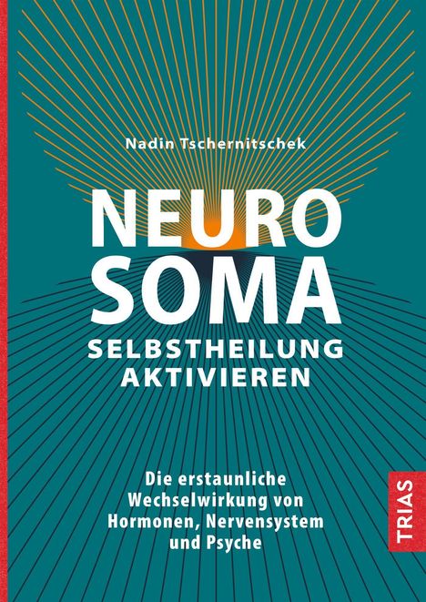 "Nadin Tschernitschek NEURO SOMA SELBSTHEILUNG AKTIVIEREN. Die erstaunliche Wechselwirkung von Hormonen, Nervensystem und Psyche." Grafik: Strahlenmuster auf grünem Hintergrund.