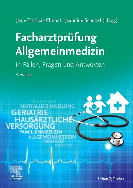 Titel: "Facharztprüfung Allgemeinmedizin". Bild mit Stethoskop, Familie und Haus, medizinische Begriffe im Hintergrund.