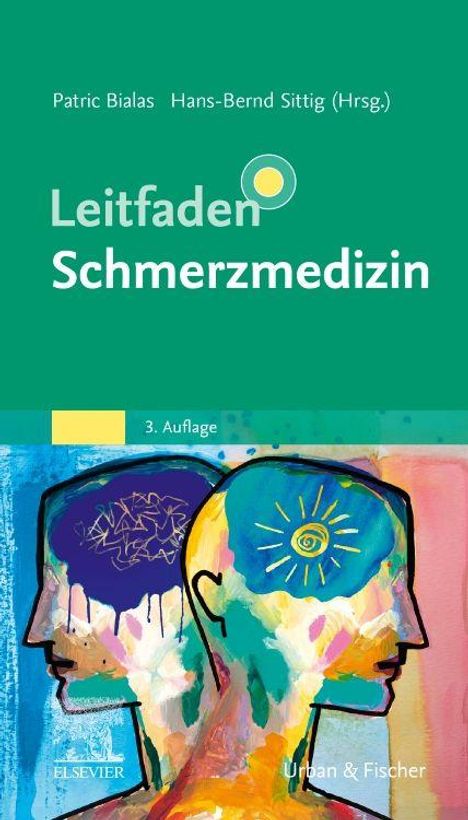 Text: "Leitfaden Schmerzmedizin. 3. Auflage." Oben grüne Fläche, unten eine bunte, abstrakte Illustration von zwei Köpfen.