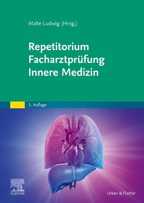 Oben stehen die Texte: "Malte Ludwig (Hrsg.)", "Repetitorium Facharztprüfung Innere Medizin", "5. Auflage". Unten eine Illustration von Herz und Lungen.