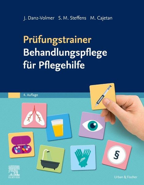 „Prüfungstrainer Behandlungs­pflege für Pflege­hilfe“ in gelben und weißen Lettern. Illustrationen von Pflegeutensilien.