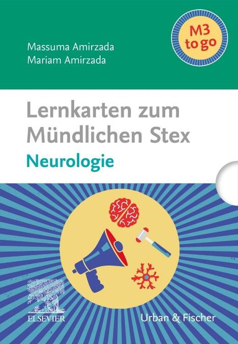 „Lernkarten zum Mündlichen Stex Neurologie“ steht auf einem Cover mit Illustrationen von Gehirn und medizinischen Symbolen.