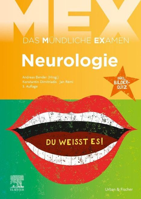 "MEX, Das Mündliche Examen, Neurologie. Du weißt es! Illustration mit offenem Mund, bunter Hintergrund."