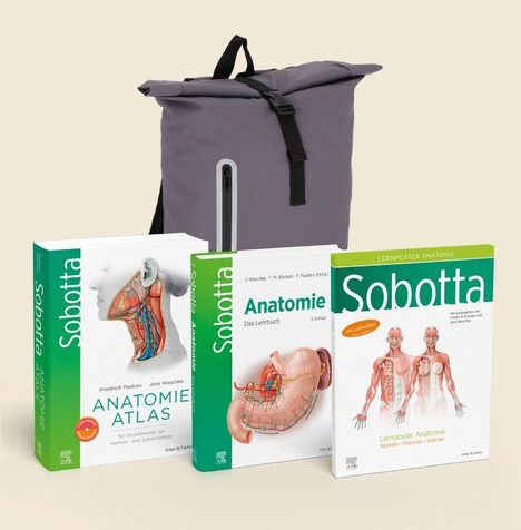 Drei Bücher über Anatomie: "ANATOMIE ATLAS", "Anatomie Das Lehrbuch" und "Sobotta". Dahinter ein grauer Rucksack.
