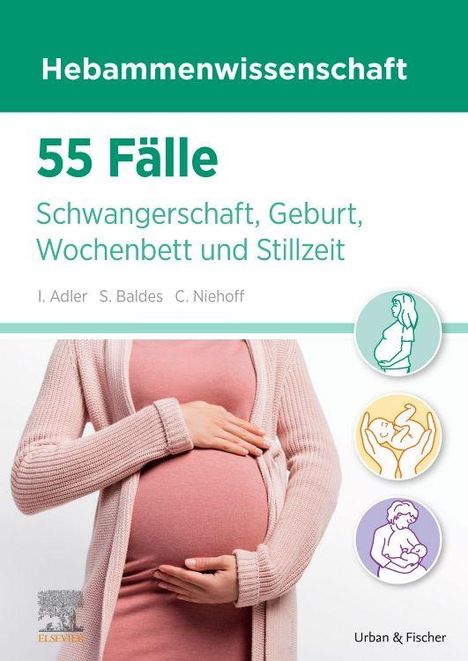 "Hebammenwissenschaft: 55 Fälle - Schwangerschaft, Geburt, Wochenbett und Stillzeit." Drei Icons und eine schwangere Person.