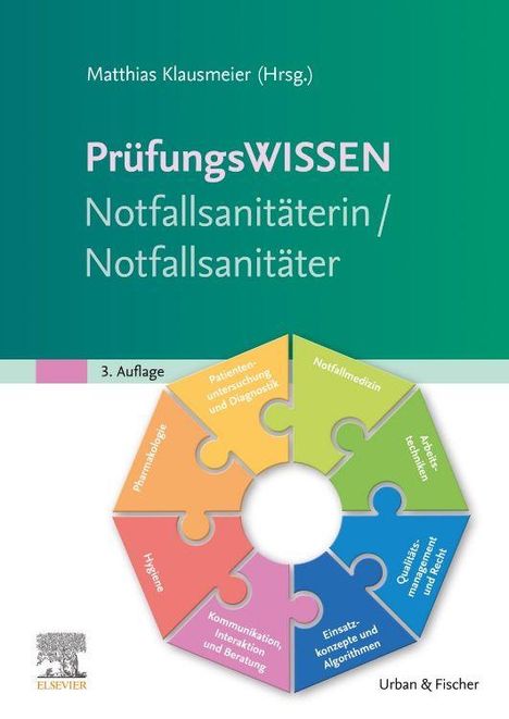 Das Buchcover zeigt den Titel "PrüfungsWISSEN Notfallsanitäterin/Notfallsanitäter". Darunter eine bunte Puzzle-Grafik.