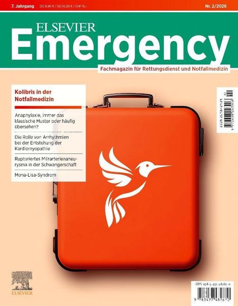 "Kolibris in der Notfallmedizin. ELSEVIER Emergency. Magazin mit orangem Erste-Hilfe-Koffer, Kolibri-Logo darauf."
