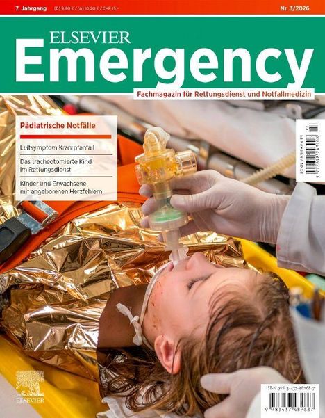 Magazin "Elsevier Emergency" mit Themen zu pädiatrischen Notfällen. Kind erhält medizinische Behandlung.