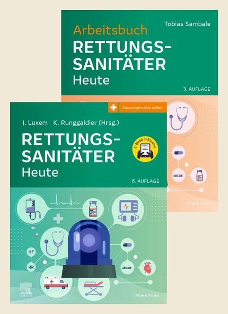 „Rettungssanitäter Heute“, 6. Auflage, enthält E-Book; „Arbeitsbuch Rettungssanitäter“, 3. Auflage. Cover mit medizinischen Symbolen.