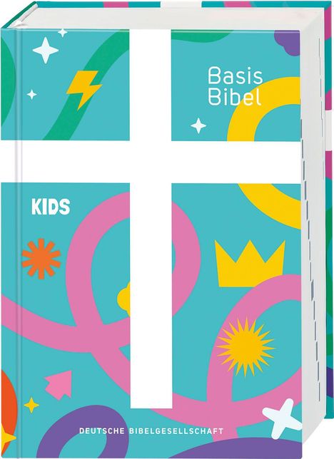 Text: "Basis Bibel", "KIDS". Bunte, abstrakte Illustrationen mit Kreuzmotiv. Farbiges Design mit Symbolen.