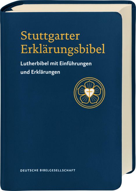Text: "Stuttgarter Erklärungsbibel – Lutherbibel mit Einführungen und Erklärungen". Blaues Cover mit gelbem Logo.