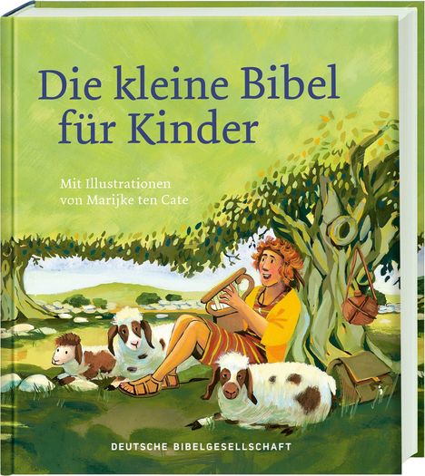 „Die kleine Bibel für Kinder“ steht in großen Buchstaben, darunter ein Hirte mit Tieren unter einem Baum, fröhliche Szene.