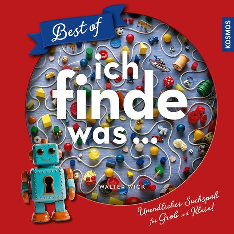 "Best of" steht auf einem blauen Banner, "ich finde was..." in großen Buchstaben. Spielzeuge vor rotem Hintergrund.