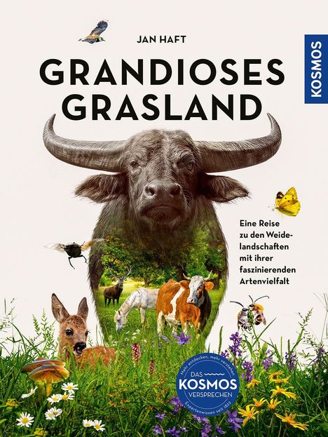 JAN HAFT. GRANDIOSES GRASLAND. Eine Reise zu den Weidelandschaften. Ein Bisonkopf im Zentrum, umgeben von Tieren und Pflanzen.