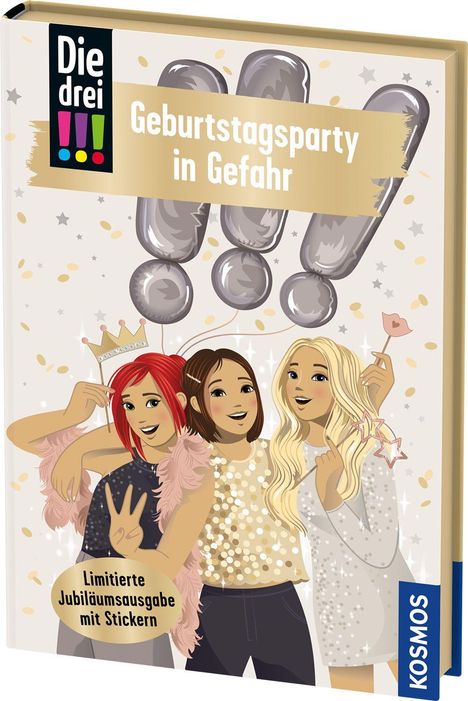 "Geburtstagsparty in Gefahr" mit drei fröhlichen Mädchen, eines mit Krone, zwei mit langen Haaren, Glitzerkleidung, Luftballons.