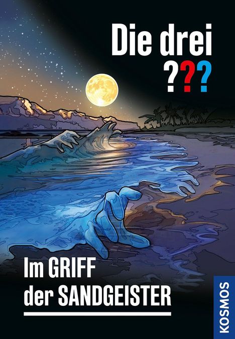 "Die drei ??? Im Griff der Sandgeister". Illustration: Eine riesige blaue Hand erhebt sich aus dem Wasser bei Nacht.