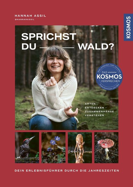 "Sprichst du Wald?" Darunter Naturbilder: ein Specht, blaue Blume, Reh am Wasser, roter Pilz. Frau im Wald, lächelnd.