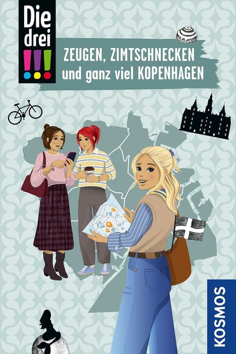 "Die drei !!! Zeugen, Zimtschnecken und ganz viel Kopenhagen." Drei junge Frauen vor Stadtkarte, Zimtschnecke, Schloss.