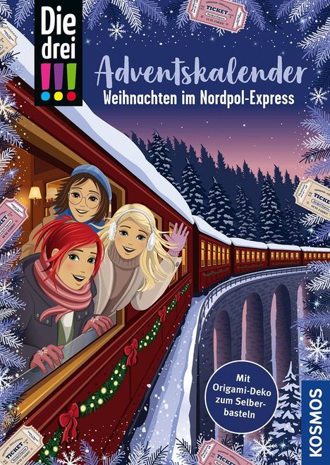 „Die drei !!! Adventskalender Weihnachten im Nordpol-Express.“ Illustration: Drei Mädchen winken aus einem Zug.