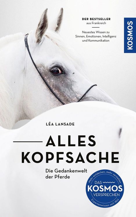 "Alles Kopfsache: Die Gedankenwelt der Pferde" – Ein weißes Pferd seitlich mit ruhigem Blick.