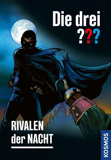 Titel: "Die drei ??? - Rivalen der Nacht". Dunkle, maskierte Figur, Vollmond, düstere Skyline.