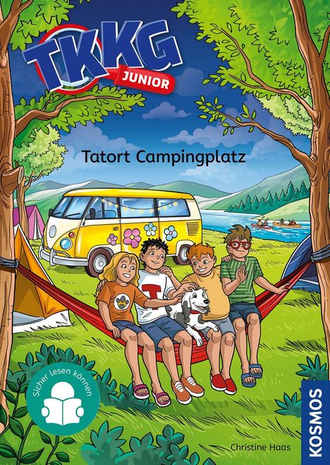 Oben steht "TKKG Junior". Darunter "Tatort Campingplatz". Vier Kinder und ein Hund sitzen fröhlich in einer Hängematte.