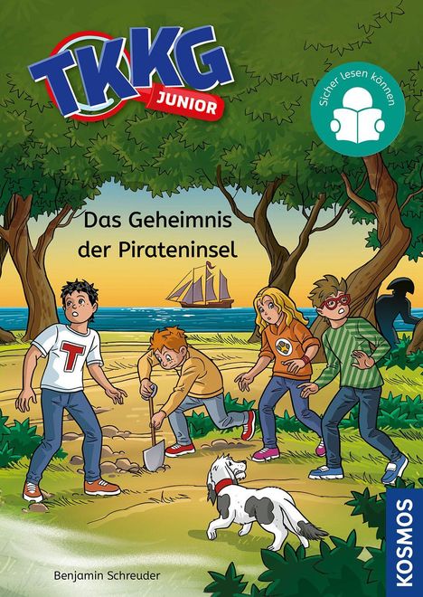 "TKKG Junior" und "Das Geheimnis der Pirateninsel". Kinder graben im Wald, ein Hund spielt, ein Schiff ist im Hintergrund.