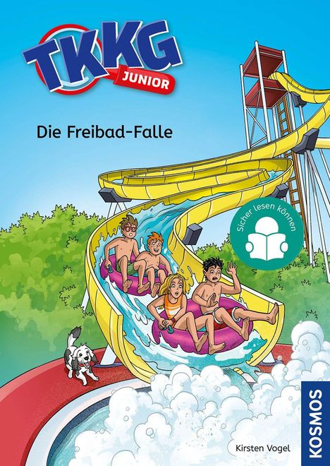 Text: "TKKG Junior", "Die Freibad-Falle", "Sicher lesen können". Illustration: Kinder auf Wasserrutsche, Hund daneben.