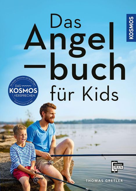 Text: "Das Angelbuch für Kids". Zwei lachende Personen angeln am See.