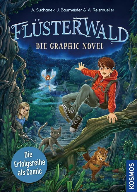 Text: "FLÜSTERWALD - DIE GRAPHIC NOVEL". Junge mit rotem Hoodie auf Baumstamm, Fee, Mädchen, Katze und Nagetier im Wald.