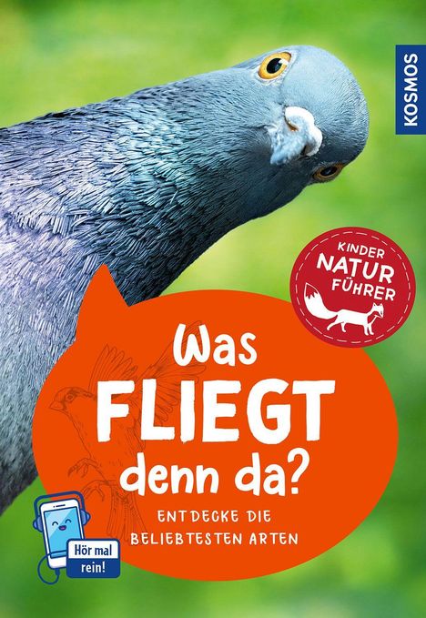 „Was fliegt denn da? Entdecke die beliebtesten Arten“ steht auf orangem Hintergrund. Neben einem Taubenbild.