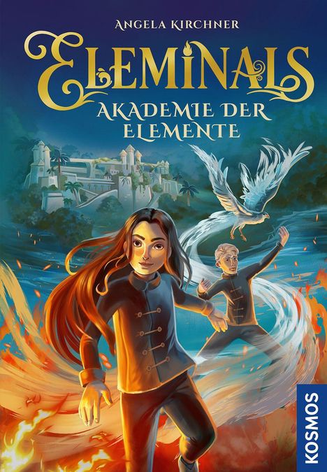 "Angela Kirchner: Eleminias - Akademie der Elemente." Bunte Illustration mit zwei Jugendlichen und einem Vogel vor einer Akademie.
