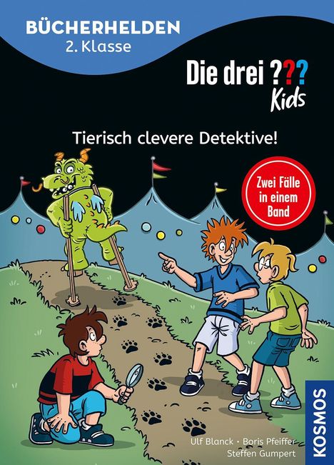 „Bücherhelden 2. Klasse, Die drei ??? Kids, Tierisch clevere Detektive! Zwei Fälle in einem Band.“ Illustrativ: Drei Kinder, die einer Spur folgen, ein Monster im Hintergrund.