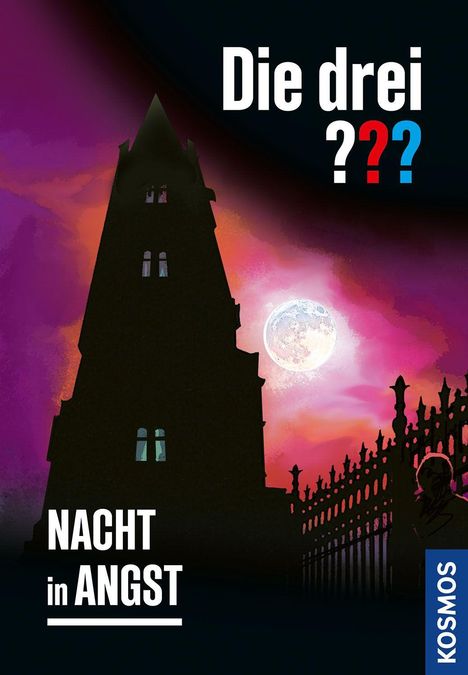 Text: "Die drei ???", "NACHT in ANGST", "KOSMOS". Silhouette eines Turms bei Vollmond und farbigem Himmel.