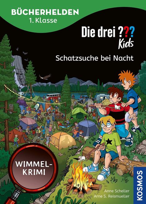 "Die drei ??? Kids - Schatzsuche bei Nacht; BÜCHERHELDEN 1. Klasse. Lagerfeuer, Zelte, Kinder beim Campen, fröhliche Atmosphäre."