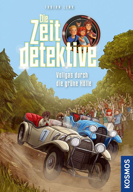 "Die Zeitdetektive: Vollgas durch die grüne Hölle" oben, Autos rasen durch Wald, jubelnde Menschen am Rand.