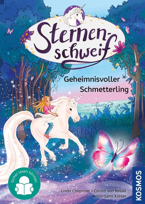 "Sternenschweif: Geheimnisvoller Schmetterling". Ein Mädchen reitet auf einem Einhorn im Wald neben einem leuchtenden Schmetterling.