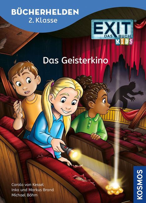 BÜCHERHELDEN 2. Klasse; EXIT Das Buch Kids: Das Geisterkino. Drei Kinder in einem alten Kino mit Taschenlampe.