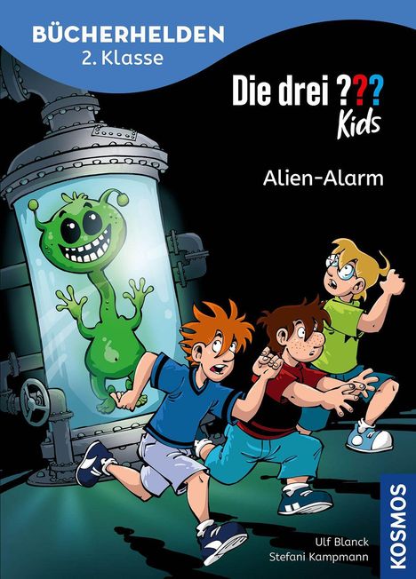 "BÜCHERHELDEN 2. Klasse", "Die drei ??? Kids", "Alien-Alarm". Drei Kinder rennen vor einem grünen Alien in einer Röhre.