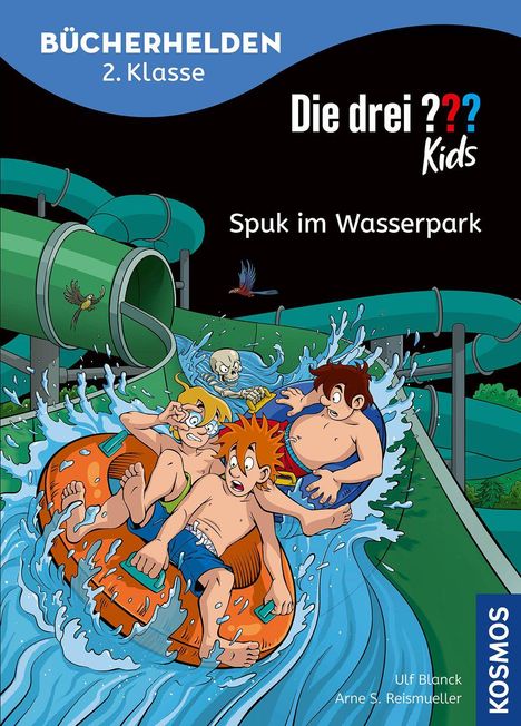 „Spuk im Wasserpark“. Drei Kinder rutschen auf einer Wasserrutsche. Ein Papagei und ein Skelett sind ebenfalls zu sehen.