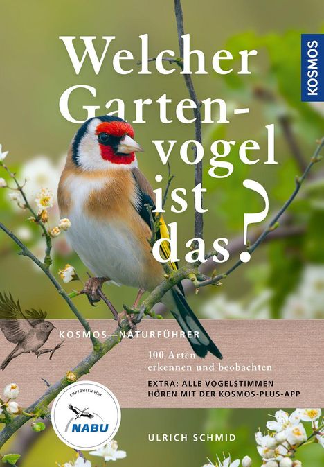 "Welcher Gartenvogel ist das?" Ein bunter Vogel sitzt auf einem blühenden Ast. NABU-Logo unten links.