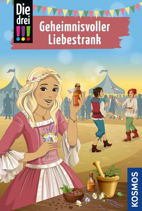 „Geheimnisvoller Liebestrank“. Illustration: Mädchen in Mittelalterkleid mit Blumen und Fläschchen. Jahrmarkt im Hintergrund.